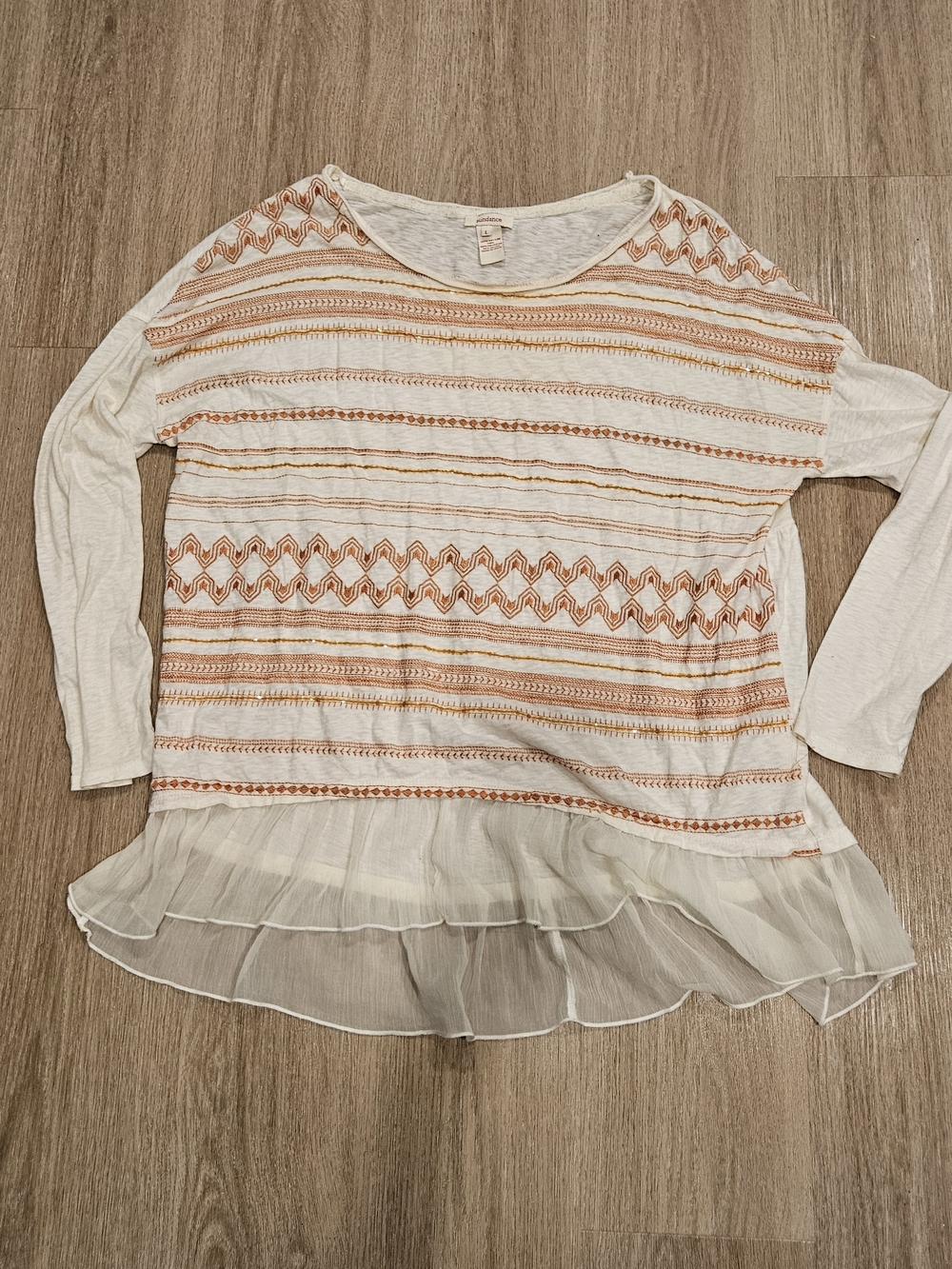 Sundance Women's Large Embroidered Sequin Boho Top Long Sleeve Layered Ruffle He